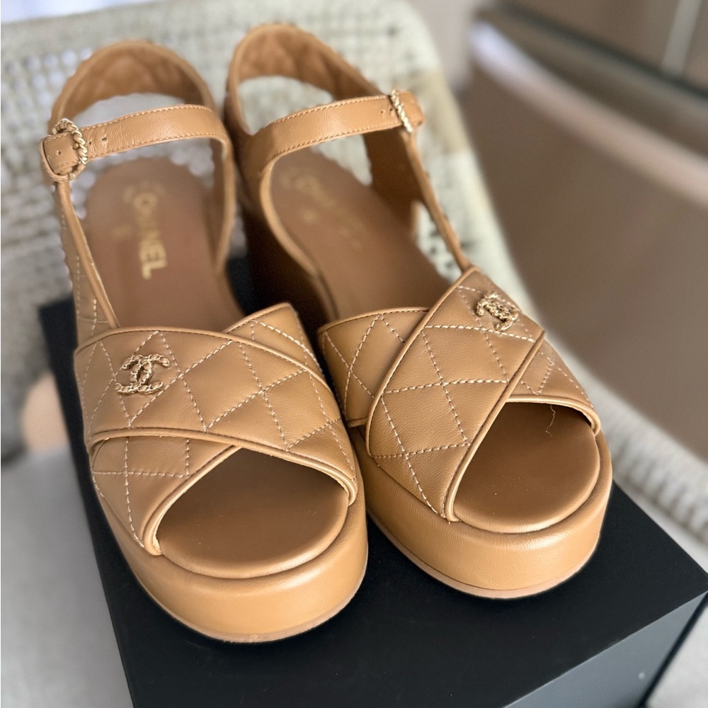 Authentic Chanel Gold Lambskin Platform Sandals